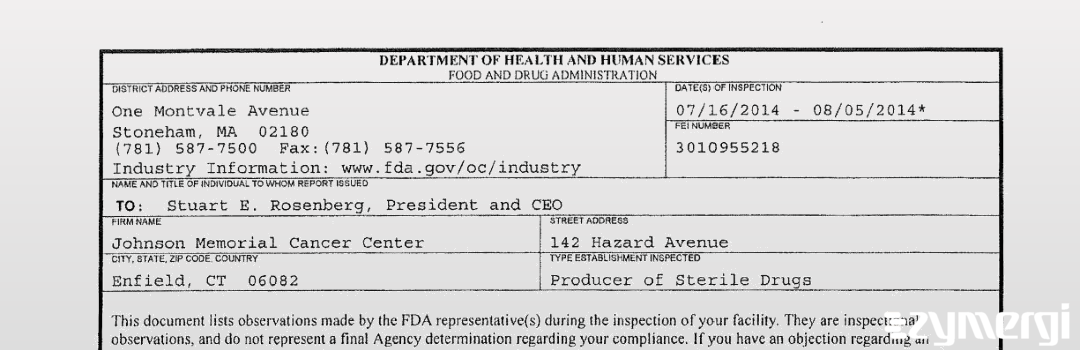 FDANews 483 Johnson Memorial Cancer Center Aug 5 2014 top