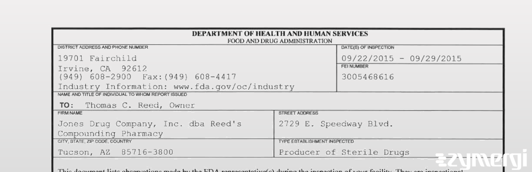FDANews 483 Jones Drug Company, Inc. dba Reed's Compounding Pharmacy Sep 29 2015 top