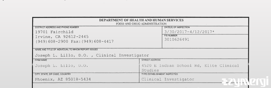 FDANews 483 Joseph L. Lillo, D.O. Apr 17 2017 top