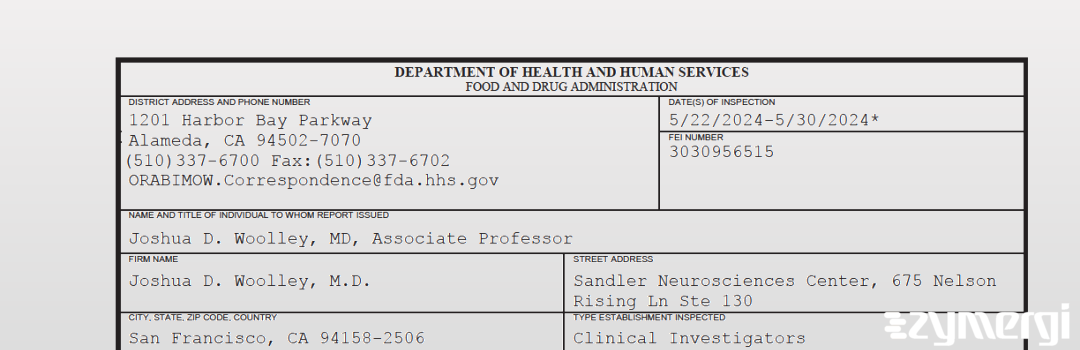 FDANews 483 Joshua D. Woolley, M.D. May 30 2024 top