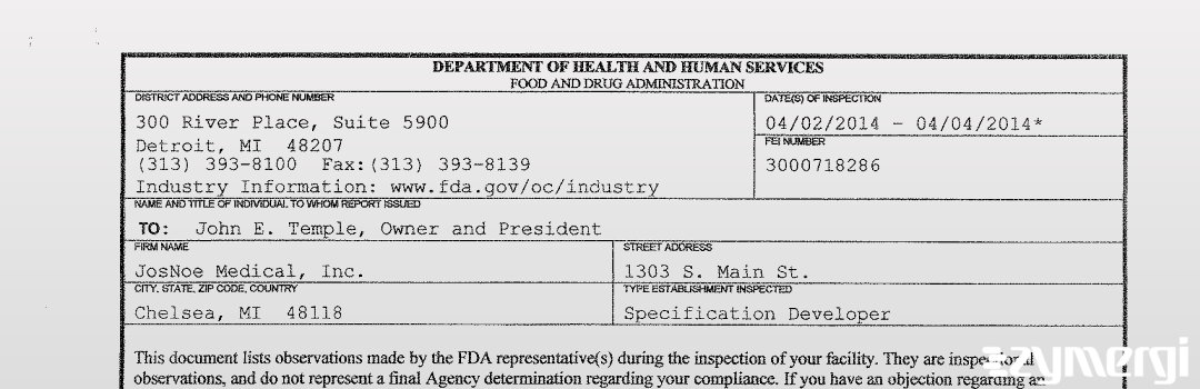 FDANews 483 JosNoe Medical, Inc. Apr 4 2014 top