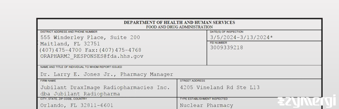 FDANews 483 Jubilant DraxImage Radiopharmacies Inc. dba Jubilant Radiopharma Mar 13 2024 top