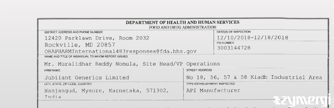FDANews 483 Jubilant Generics Limited Dec 18 2018 top