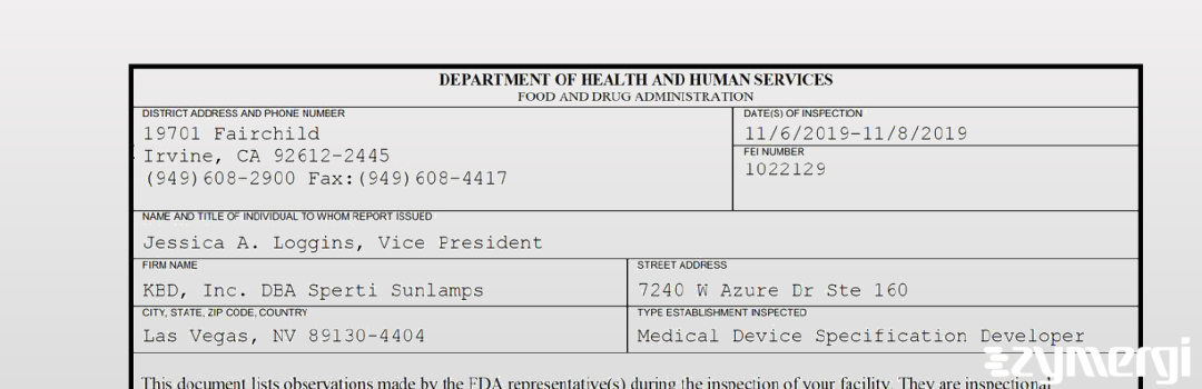 FDANews 483 KBD, Inc. DBA Sperti Sunlamps Nov 8 2019 top