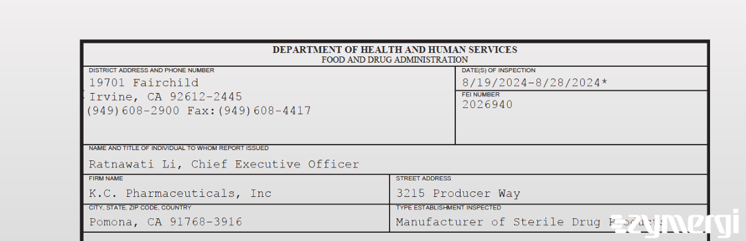 FDANews 483 K.C. Pharmaceuticals, Inc Aug 28 2024 top