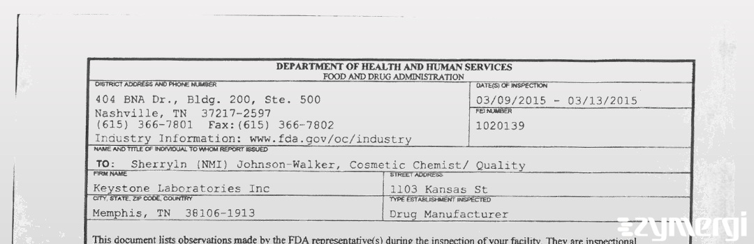 FDANews 483 Keystone Laboratories, Inc. Mar 13 2015 top