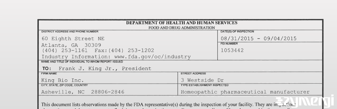 FDANews 483 King Bio Inc. Sep 4 2015 top