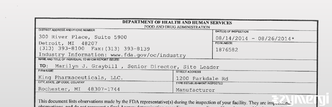 FDANews 483 King Pharmaceuticals, LLC. Aug 26 2014 top
