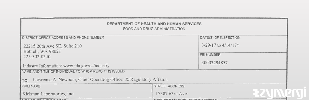 FDANews 483 Kirkman Laboratories, Inc. Apr 14 2017 top