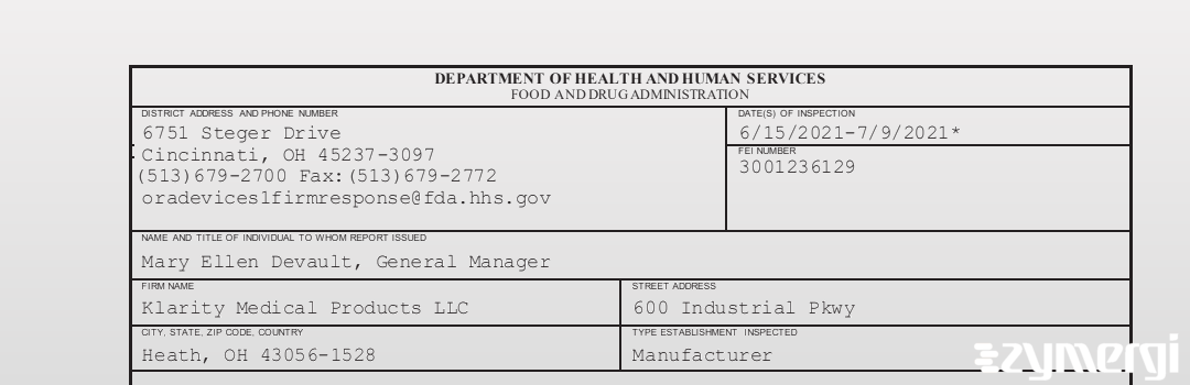 FDANews 483 Klarity Medical Products LLC Jul 9 2021 top
