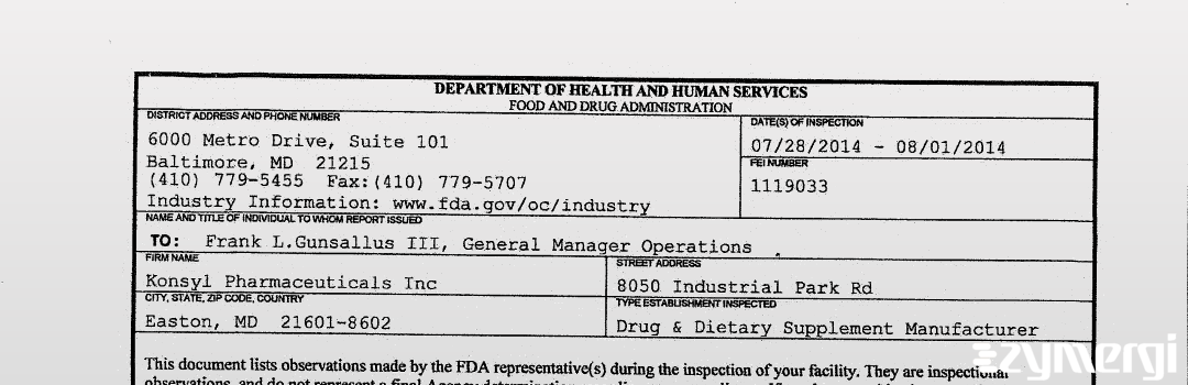 FDANews 483 Konsyl Pharmaceuticals Inc Aug 1 2014 top