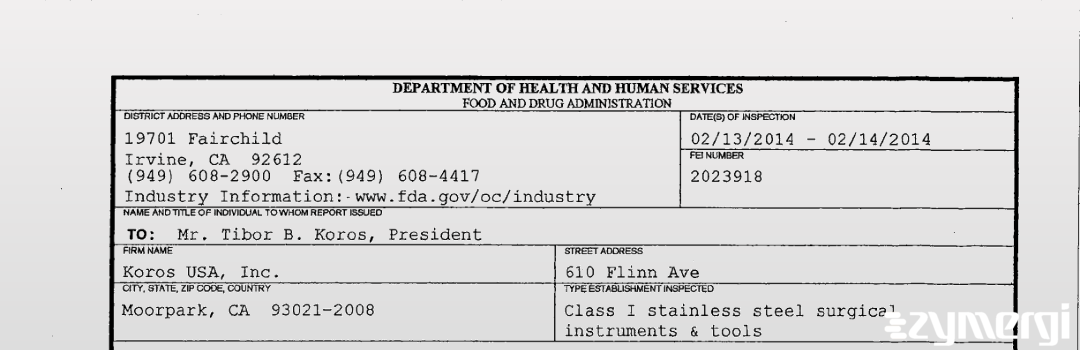 FDANews 483 Koros USA, Inc. Feb 14 2014 top