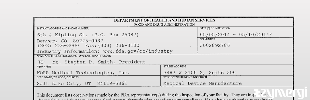 FDANews 483 KORR Medical Technologies, Inc. May 10 2014 top