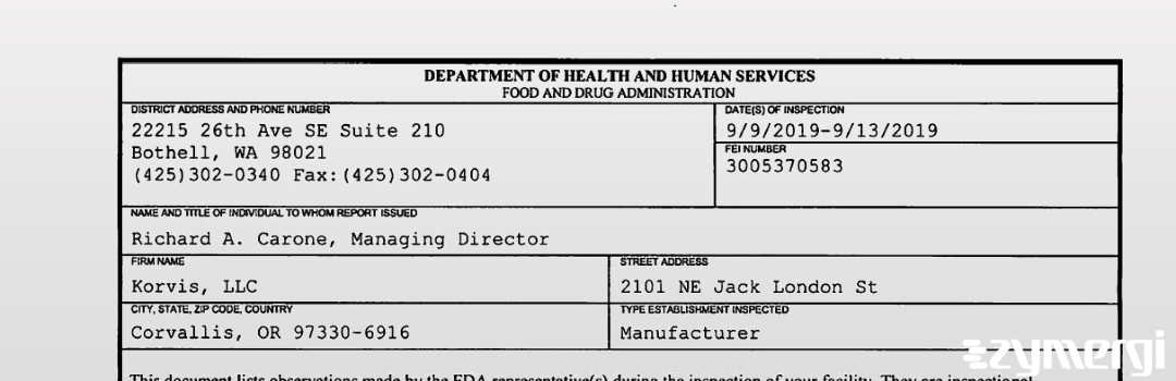 FDANews 483 Korvis, LLC Sep 13 2019 top