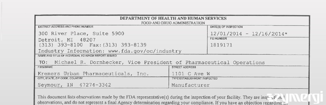FDANews 483 Kremers Urban Pharmaceuticals, Inc. Dec 16 2014 top