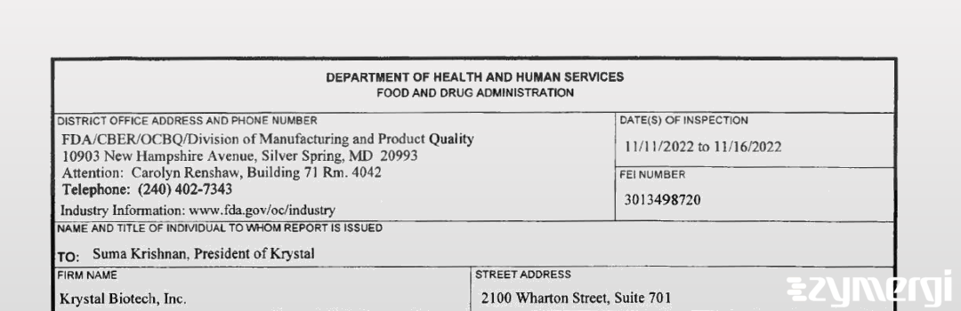FDANews 483 Krystal Biotech, Inc. Nov 16 2022 top