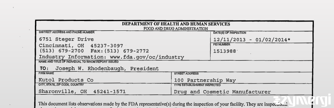 FDANews 483 Kutol Products Co Jan 2 2014 top