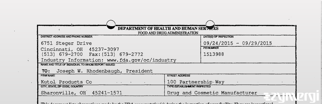 FDANews 483 Kutol Products Co Sep 29 2015 top