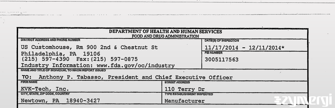 FDANews 483 KVK-Tech, Inc. Dec 11 2014 top