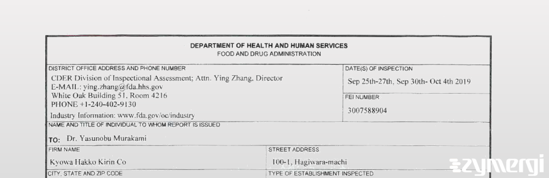 FDANews 483 Kyowa Hakko Kirin Co., Ltd. Oct 4 2019 top