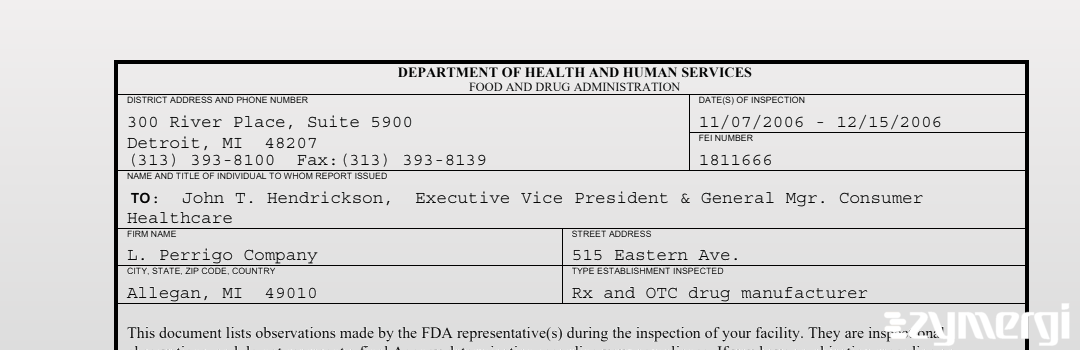FDANews 483 L. Perrigo Co. Dec 15 2006 top