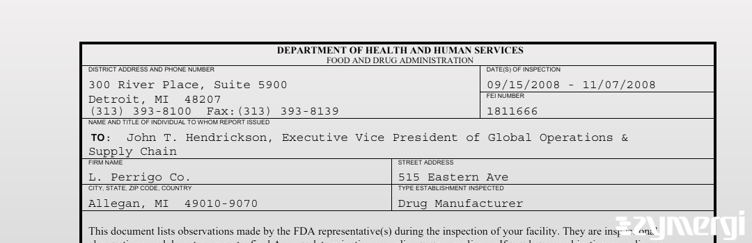 FDANews 483 L. Perrigo Co. Nov 7 2008 top