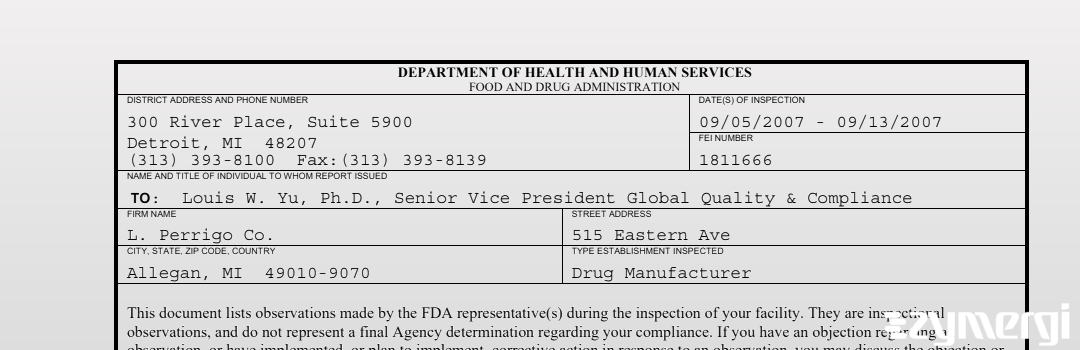 FDANews 483 L. Perrigo Co. Sep 13 2007 top