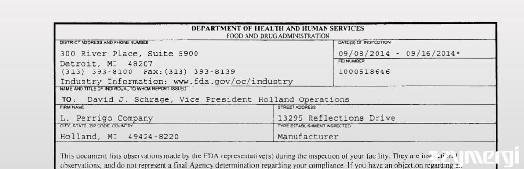 FDANews 483 L. Perrigo Company Sep 16 2014 top