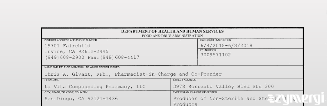 FDANews 483 La Vita Compounding Pharmacy, LLC Jun 8 2018 top