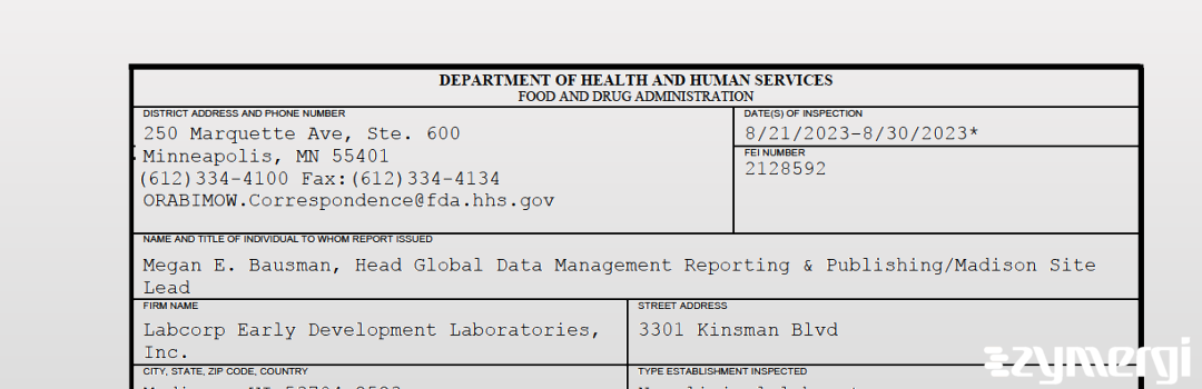 FDANews 483 Labcorp Early Development Laboratories, Inc. Aug 30 2023 top