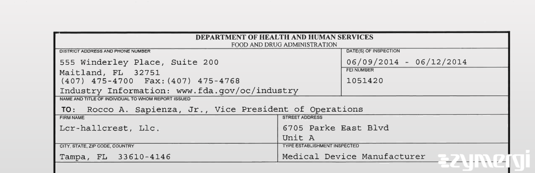 FDANews 483 Lcr-hallcrest, Llc. Jun 12 2014 top