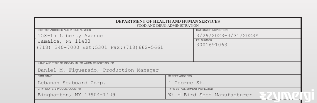 FDANews 483 Lebanon Seaboard Corp. Mar 31 2023 top