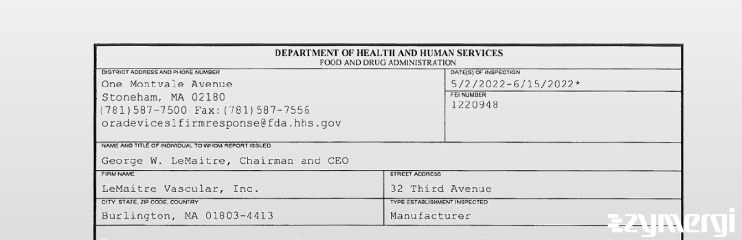 FDANews 483 LeMaitre Vascular, Inc. Jun 15 2022 top