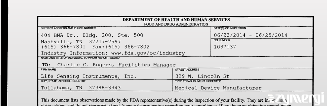 FDANews 483 Life Sensing Instruments, Inc. Jun 25 2014 top