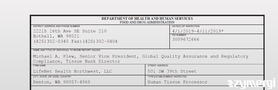 FDANews 483 LifeNet Health Northwest, LLC Apr 11 2019 top
