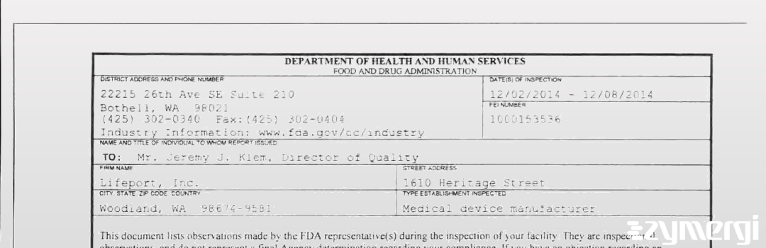 FDANews 483 Lifeport, Inc. Dec 8 2014 top
