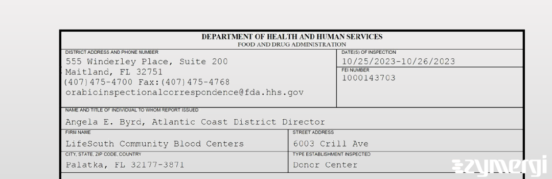 FDANews 483 LifeSouth Community Blood Centers Oct 26 2023 top