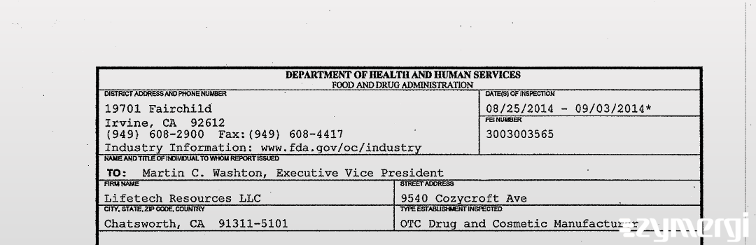 FDANews 483 Lifetech Resources Llc Sep 3 2014 top
