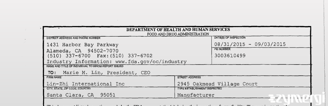FDANews 483 Lin-Zhi International Inc Sep 3 2015 top
