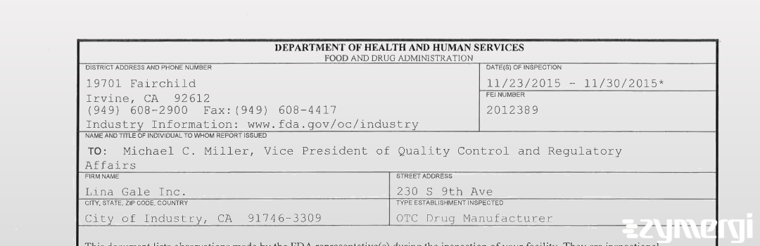 FDANews 483 Lina Gale Inc. Nov 30 2015 top