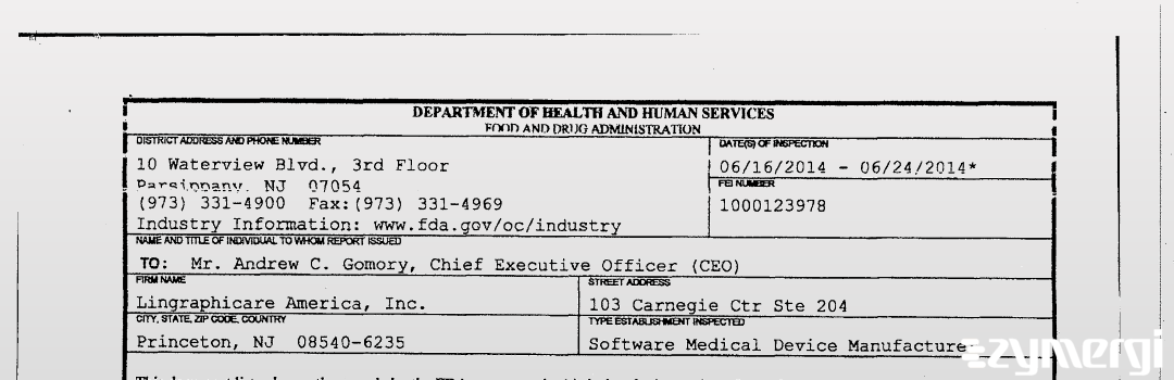FDANews 483 Lingraphicare America, Inc. Jun 24 2014 top