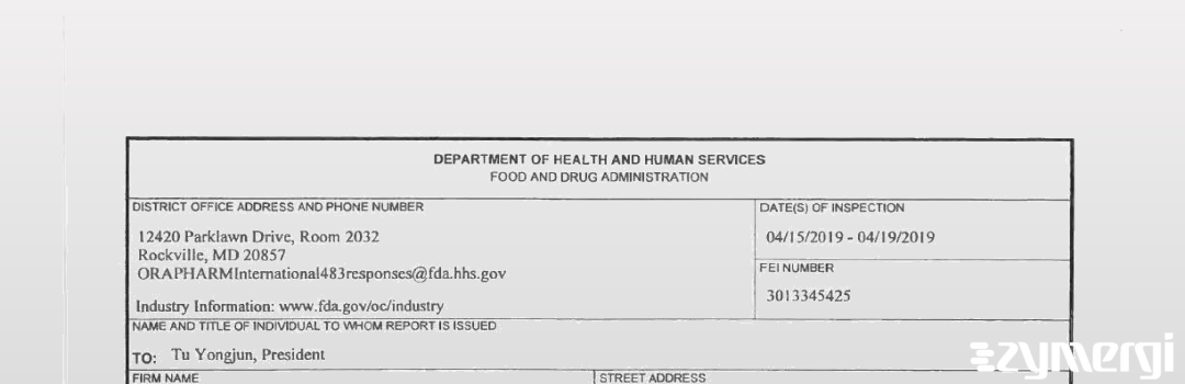 FDANews 483 Linhai Tianyu Pharmaceutical Co., Ltd. Apr 19 2019 top