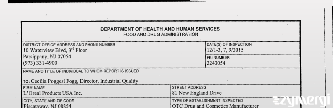 FDANews 483 L'Oreal USA Products Inc Dec 9 2015 top
