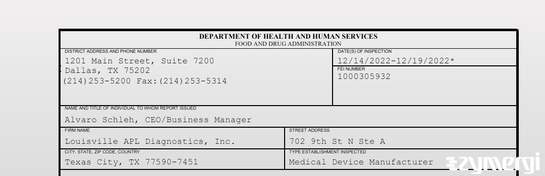 FDANews 483 Louisville APL Diagnostics, Inc. Dec 19 2022 top