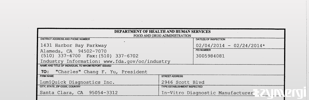 FDANews 483 LumiQuick Diagnostics Inc. Feb 24 2014 top