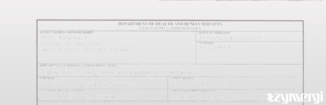 FDANews 483 Lynn Oaks Compounding Pharmacy Apr 15 2022 top