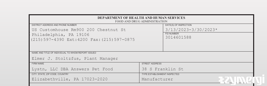 FDANews 483 Lystn, LLC DBA Answers Pet Food Mar 30 2023 top