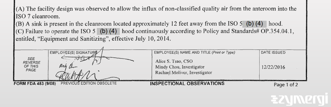 Mindy M. Chou FDA Investigator Alice S. Tsao FDA Investigator Philip F. Istafanos FDA Investigator Rachael A. Moliver FDA Investigator Claire O. Nicholls FDA Investigator 