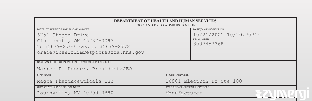 FDANews 483 Magna Pharmaceuticals Inc Oct 29 2021 top