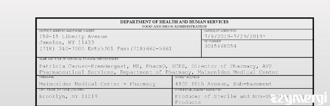 FDANews 483 Maimonides Medical Center - Pharmacy Jul 29 2019 top